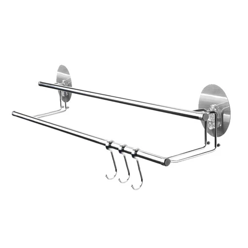 CGMIA Double Bar Towel Rack No Drilling Self Adhesive Wall Mounted Stainless Steel 26 Inch Double Towel Bar Towel Shelf Hotel Towel Bar Towel Rack with 6 Hooks LT-82419