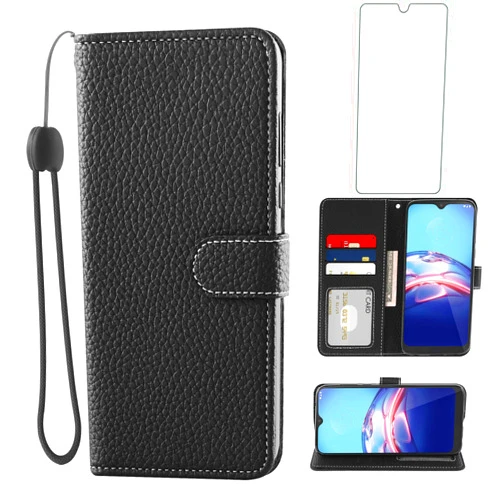 Asuwish Phone Case for Moto E 2020 Motorola E7 with Tempered Glass Screen Protector and Wallet Cover Card Holder Slot Stand Accessories MotoE MotoE7 E 7 7E 7th Gen XT2052DL XT2052-1 4G Women Men Black