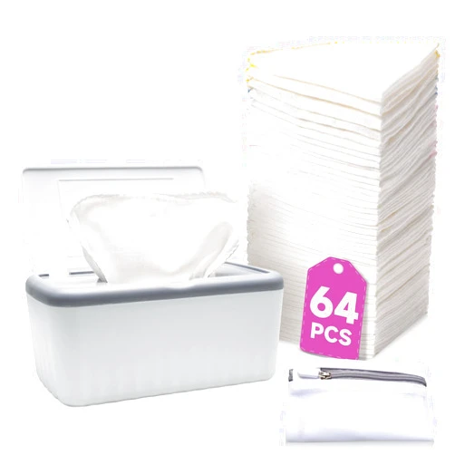 Belle&Beau 64PCS Reusable Baby Wipes, Soft Natural Cotton Baby Face Wipes, Cotton Cloth Baby Wipes with Dispenser, Machine Washable, 8x8 Inch, Multi-Color