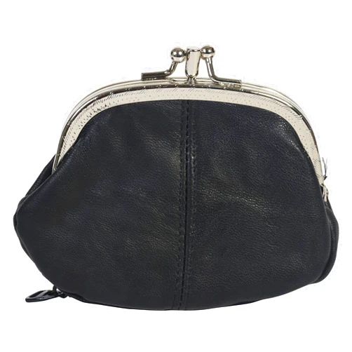 LB LEATHERBOSS Leatherboss Leather Women's Coin Holder Pouch Purse Double Frame Wallet with Zipper Pocket, Black