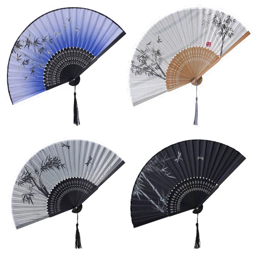 BABEYOND 4pcs Chinese Style Bamboo Folding Hand Fan Vintage Handheld Silk Folding Fan with Different Patterns Fringe Folding Fan for Wedding Dancing Party