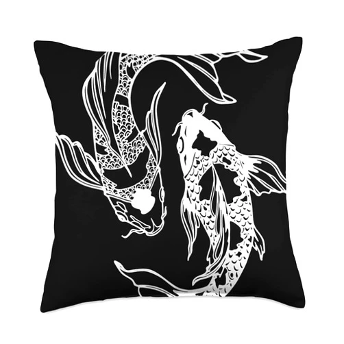 Pet Goldfish Gifts And Fancy Fish Tees by taiche Koi Carp in Feng Shui Illustrative Design White Throw Pillow, 18x18, Multicolor