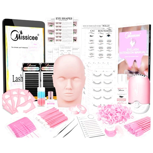 Missicee Lash Extension Kit for Beginners, Professional Eyelash Extension Kit with Mannequin Head, Strong Holder Lash Glue, Glue Remover, Lash Practice Manual, Lash Fan, Lash Extension Supplies for Beginners
