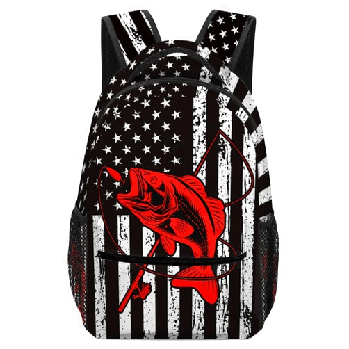 DOINBEE American Flag Bass Backpack, Funny Red Fish Bass Fishing Lure School Backpack for Kids Boys Girls Teens, Black and White Bookbag Laptop Bags Lightweight Hiking Travel Casual Daypack