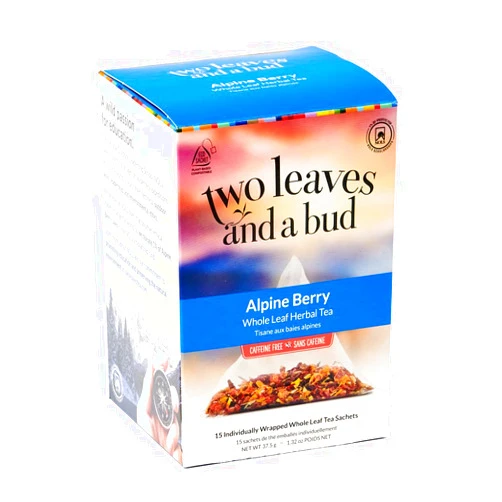 Two Leaves and a Bud Alpine Berry Herbal Tea Bags, Naturally Caffeine Free, Whole Leaf Herbal Tea with Hibiscus in Compostable Sachets, Hot or Iced, 15 Count (Pack of 1)