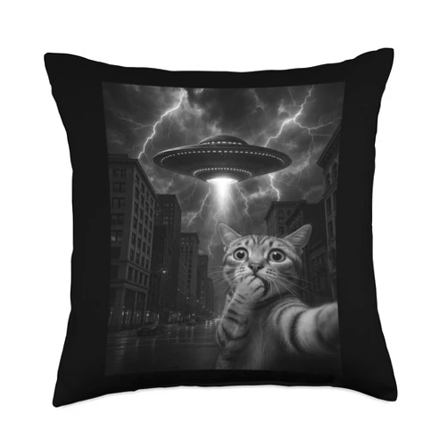 Cat Lovers Equipment and Cat Apparel for him Cat Selfie with UFO Funny Cat Owner Throw Pillow