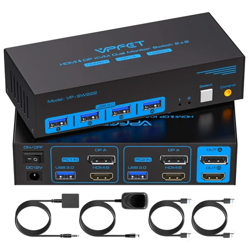 CMSTEDCD 4K@120Hz Kvm Switch 2 Monitors 2 Computers 8K@60Hz HDMI Displayport Dual Monitor KVM Switches 2 Ports for 2 PC Share Mouse Keyboard and 2 Screens with USB 3.0 Cables and Extended Controller