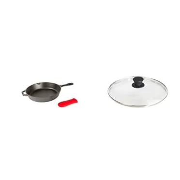 Lodge Cast Iron Skillet, Pre-Seasoned with Silicone Hot Handle Holder , 10.25 Inch Dia, Black/Red Silicone (L8SK3ASHH41B) & Tempered Glass Lid (10.25 Inch)