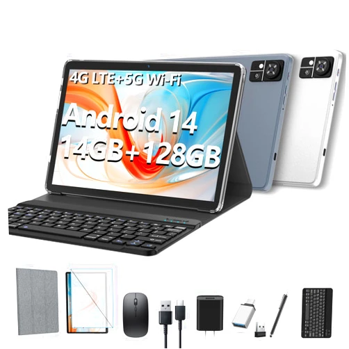 EITOMIN Tablet10 inch 2024 Newest Android14 tablet 4G Cellular tablets with 2 Sim Slot 128GB ROM+14GB RAM+1TB Expand Octa-Core 5G WiFi Tablet 13MP+8MP 7000mAh BT5.0 GPS tablet with keyboard mouse pen Grey