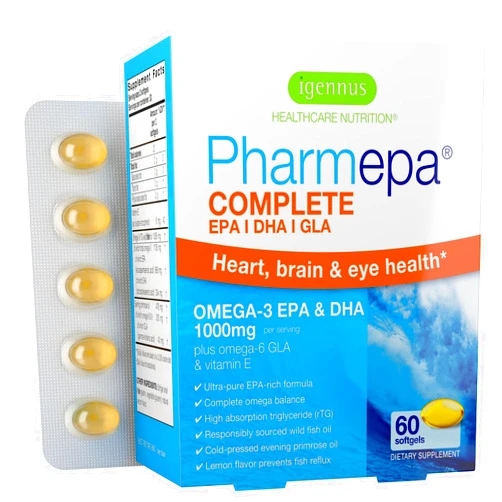 Igennus Healthcare Nutrition Igennus Pharmepa Complete EPA DHA rTG Omega 3 Fatty Acids 1000mg, High Potency Fish Oil Plus Omega 6 GLA Evening Primrose Oil, IFOS Certified, Lemon Flavor, 60 Softgels