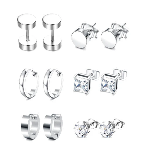 Jstyle 6 Pairs Stainless Steel CZ Stud Earrings for Women Mens Huggie Hoop Earrings Ear Piercing