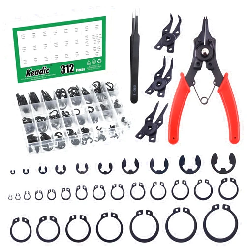 Keadic 312Pcs [M4-M28] C-Clip External Retaining Rings Snap Rings Assortment Kit & [1.5mm-10mm] E-Clip Circlip Ring Assortment Set & Pcs Snap Ring Plier with Tweezers (Alloy Steel)