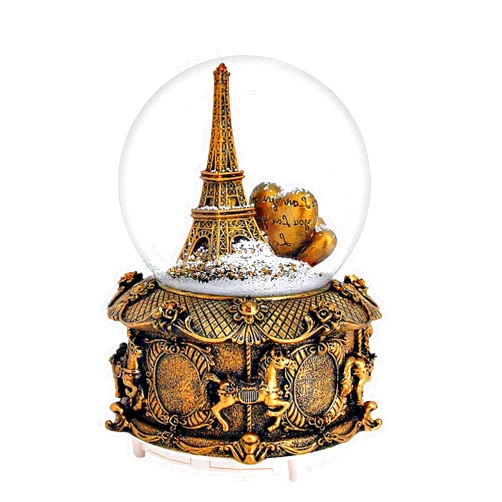 IUXROBU LED Music Snow Globe Vintage Eiffel Tower Buildings Embedded Carousel Retro Home Decoration for Book Shelf Cabinet Floating Board Office Desk Table Top Decor Centerpieces Ornament (Gold)