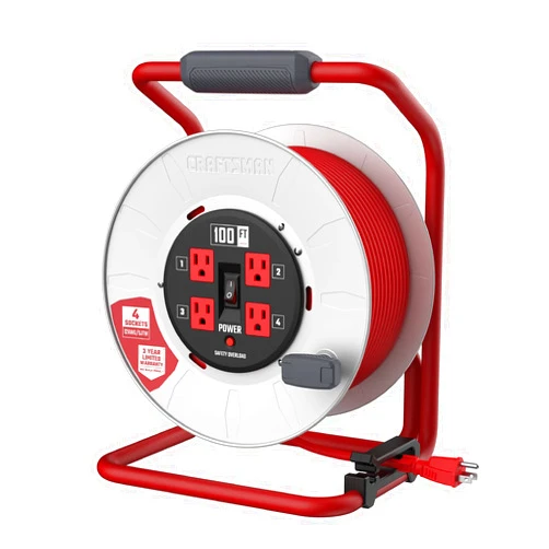 CRAFTSMAN 100 Ft. Contractor Retractable Extension Cord Reel With 4 Outlets & Heavy Duty 12AWG SJTW Cable