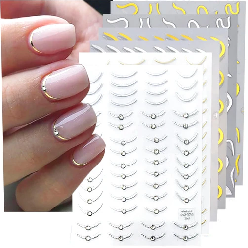 ZDIWOO 6 Sheets French Tip Nail Art Sticker for Nail Art 5D Luxury Lines French Nail Decals Self-Adhesive with Crystal Diamond Design Gold Silver Nail Stickers for Women Girls Acrylic Manicure Accessories