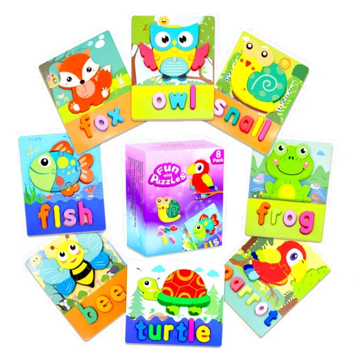 AIZIYUO Animal Wooden Puzzles with Letters Spelling, Montessori Toys for Toddlers 1-3, 8 Pack Baby Puzzle for Kids1 2 3+ Years Old, Preschoool Learning, Puzzle Board for Boys Girls Christmas Birthday