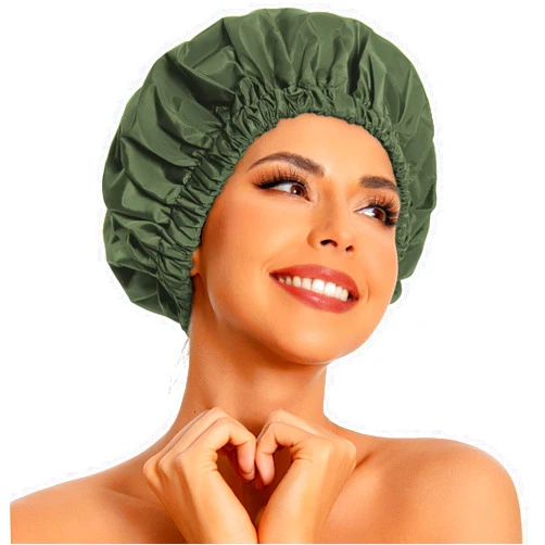 Edoneery Reusable Shower Cap for Women, Large Waterproof Shower Bonnet Washable Elastic Band Bath Hair Hat for Long Hair, Braids(Green)