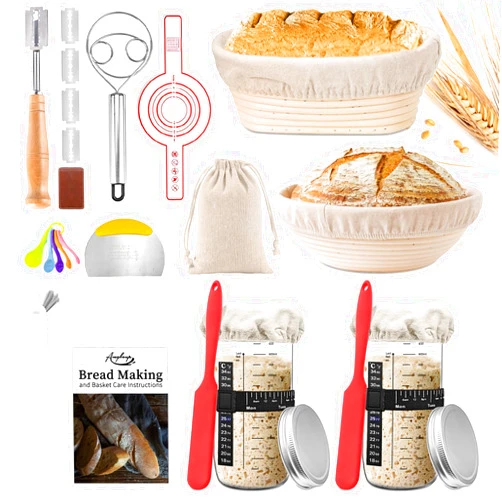 Amgkonp 22Pack 25oz Sourdough Starter Jar kit with 9 Inch Round & 10 Inch Oval Banneton Bread Proofing Basket Set,Scraper,Sourdough Bread Baking Supplies,Gift for Beginners and Bakers
