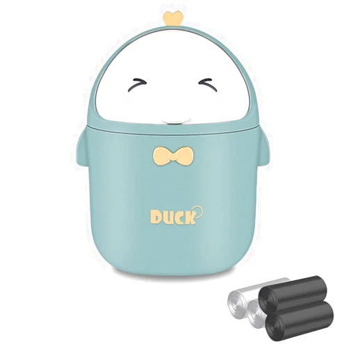 Ujk-TyLun Cute Desktop Trash Can Wastebasket and 120 Trash Bags, Creative Mini Garbage Can with Lid for Countertop Table, Tiny Plastic Storage Bin for Office, Kids Bedroom, 13 * 13 * 18.5cm (Green)