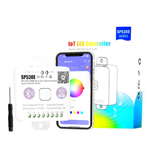 MIWISE WiFi+Bluetooth Music LED Smart Controller SP530E,12-in-1 PWM+SPI LED Controller/Dimmer,Work with Alexa/Google/BanlanX,for All Types LED Strip Light DC5V-24V,APP Control/Timing Function