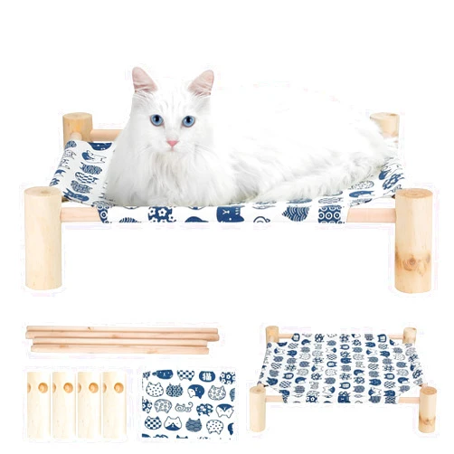 TUSATIY Cat Wooden Hammock Bed, Pine Wood, Elevated Pet Sleeping, Breathable, Removable, Washable, Anti-Moisture, Stable Support, 39 lbs