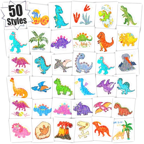 Partywind 50 Styles Glitter Dinosaur Tattoos Party Supplies for Kids, Dinosaur Temporary Tattoos for Boys Goodie Bag Stuffers, Dinosaur Birthday Party Decorations for Children
