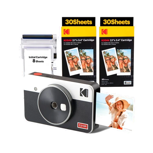 KODAK Mini Shot 2 Retro 4PASS 2-in-1 Instant Digital Camera and Photo Printer (2.1x3.4 inches) Initial 8 Sheets + 60 Sheets Bundle, White