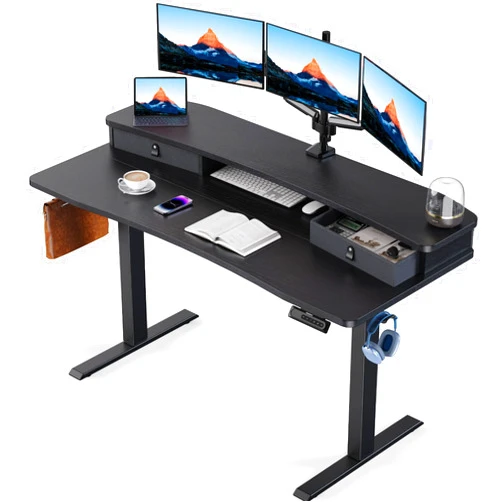 HUANUO 55″ x 26″ Electric Standing Desk with 2 Drawers, C-Clamp Mount Compatible, Height Adjustable Computer Desk, Home Office Stand Up Desk with 4 Preset Heights & 2 Hooks, Black