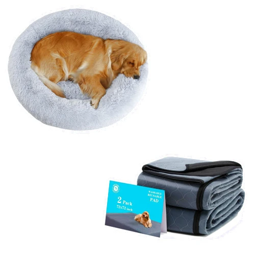 Bunlitent 39'' inch Calming Dog Bed for Large Dogs 1Pack and 72x72 inch Round Washable Pee Pads for Dogs 2 Pack, Large Whelping Pads.