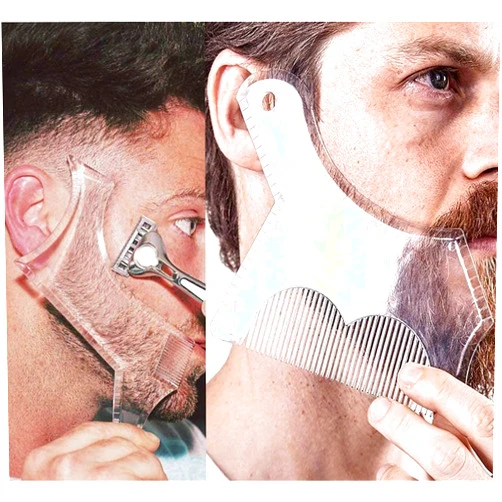 FANJEIS 2PCS Men's Beard Shaping Tool Template, Beard Guide Shaper with Inbuilt Comb, Multi-liner Edges Shave for Curve/Straight/Neckline/Goatee/Sideburns (Clear-2pcs)