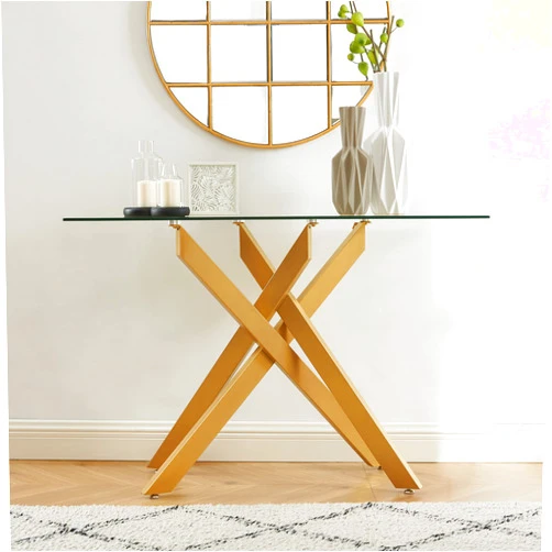 Edwin's Choice Modern Cross-Leg Console Table with 8mm Tempered Glass - Gold Geometric Entryway Table for Living Room & Bedroom, 45”Lx18”Wx30”H (Luxury Gold Finish)