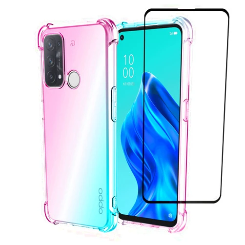 SHYXGLON for OPPO A53 2020 Case, OPPO A53S Case and Screen Protector Tempered Glass Transparent Ultra Thin Glitter Bumper Anti-Yellow Shockproof Crystal Clear Cover for OPPO A53 2020 (Pink/Green)