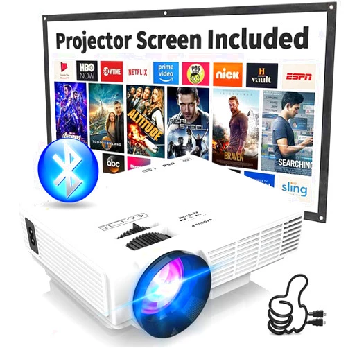 PANSEBA Mini Projector with Bluetooth and Projector Screen, Full HD 1080P Portable Video Projector, Home Movie Projector Compatible with HDMI,USB,Smartphone
