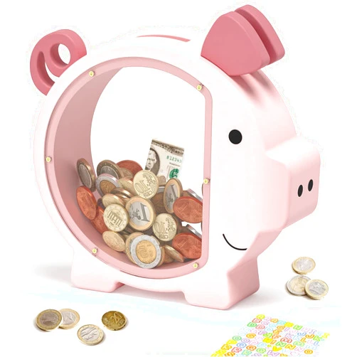 ELX Pink Piggy Bank for Girls, Clear Piggy Bank for Kids,Large Animal Coin Bank, Unbreakable Wooden Money Bank for Toddler Real Money Toy Personalized for Child Birthday & Decor