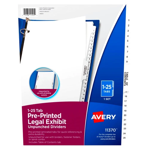 Avery Premium Collated Legal Exhibit Divider Set, Avery Style, 1-25 and Table of Contents, Side Tab, 8.5 x 11 Inches, 1 Set (11370)