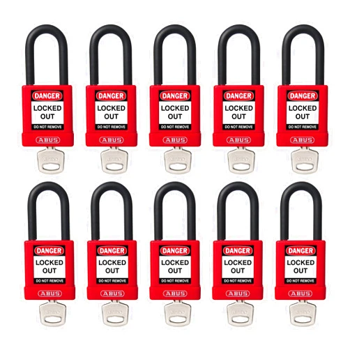 ABUS Red Pack of 10 Lockout Tagout Premium Solid Body Safety Padlock Set - OSHA Compliant Loto Locks Insulated Against Electric Shock, Keyed Different, 1 Key Per Lock