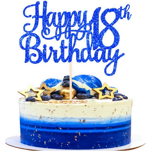 ZHUOWEISM 1 PCS Happy 18th Birthday Cake Topper Glitter Cheers to 18 Years Birthday Cake Pick 18 Fabulous Cake Decoration for Happy 18th Birthday Theme Party Decorations Supplies Blue