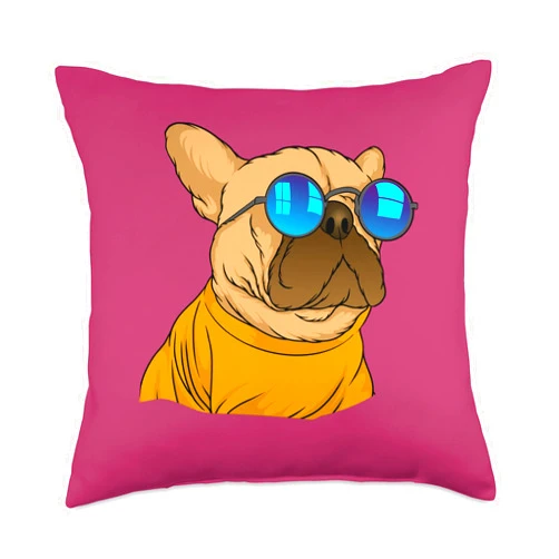 Lustige Französische Bulldogge Hunde Geschenkidee Funny Cartoon French Bulldog in a Sweater with Sunglasses Throw Pillow, 18x18, Multicolor