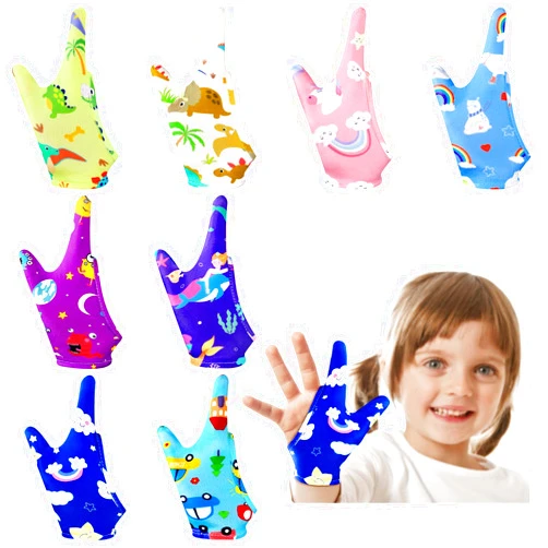 Janmercy 16 Pcs Thumb Sucking Stop for Kids Chewy Gloves Stop Breathable thumb Sucking Stop Thumb Guard for Thumb Sucking Nail Biting Gloves Cute Finger Sucking Stopper for Kids, 8 Style, 8 pairs (3-6 Years)