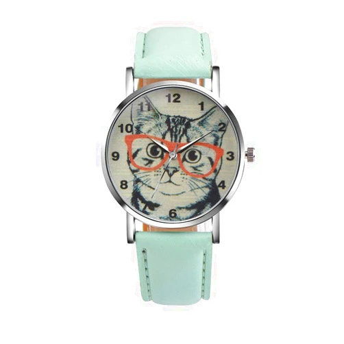 LsvtrUS Unisex Scholar Cat Pattern Leather Band Analog Quartz Dial Wrist Watch (Blue)