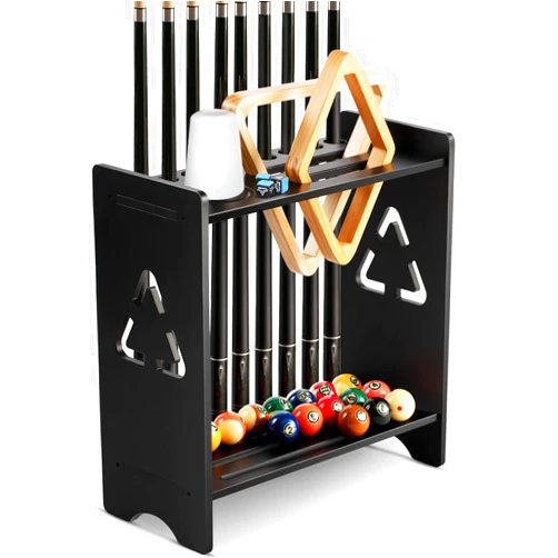 EXTCCT Pool Stick Holder Floor Stand- Billiards Pool Cue Rack Oak Solid Wooden Holds 9 Cues and Pool Table Accessories Organizer with Chalk Cone Holder for Game Room Club or Men Cave