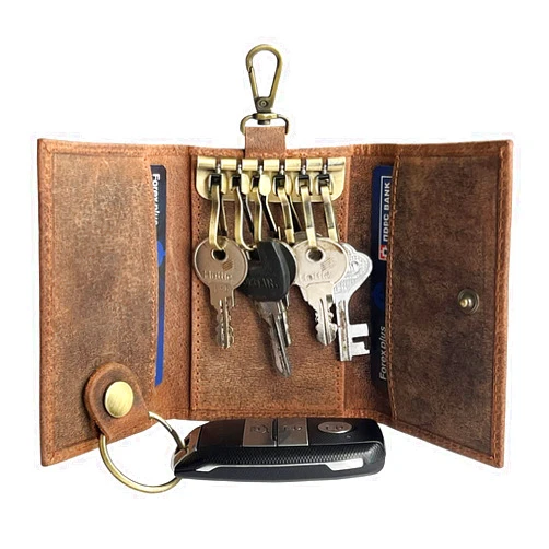 RUSTIC TOWN Leather Key Holder - Smart Fob Car Key Loop Wallet Slim Keychain Pouch - Practical Key Organizer for Men & Women