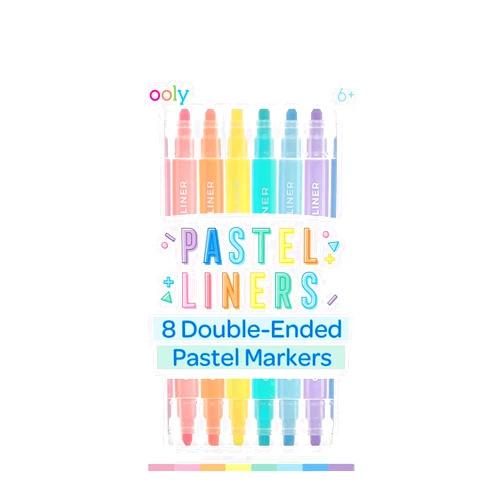 Ooly Pastel Liner Dual Tip Markers - Set of 8 Water Based Colored Markers, 5.0mm Chisel Tip and 3.0 Liner Tip on each Marker for Kids, Double Ended Markers for Art Supplies [Chisel/Liner Tips]