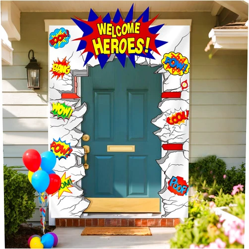 Preboun Hero Party Decorations Banner Welcome Hero Birthday Decoration Porch Banner Fun Halloween Hanging Backdrop Sign for Porch Wall Door Archway Birthday Red and Blue Party Photo Prop Decor