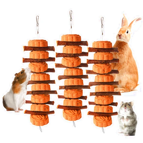 PStarDMoon 3 PCS Bunny Chew Toys, Natural Organic Apple Wood Sticks with Timothy Balls Grass Cakes and Carrot Apple Wood Sticks Hamster Toys for Guinea Pigs Rabbits Squirrels Gerbils Small Pets' Teeth Care（5）