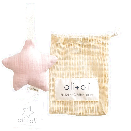 Ali+Oli Plush Muslin Cotton Pacifier Holder (Star-Pink) Soft Binky Holder for Babies, Plush Holder for Pacifiers, Cute Baby Binkies Plush Holder, Pacifier Holder for Baby Boys & Girls