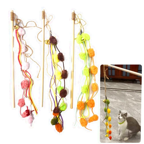 Lpdrzka Cat Wands, 3 PCS Plush Cat Teaser Wand Interactive Natural Bamboo Cat Stick for Cats Kittens