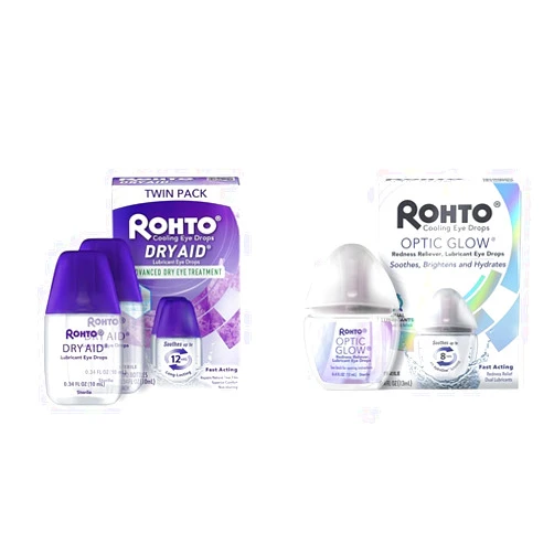 Rohto Dry-Aid Eye Relief Twin Pack 0.34 Fl Oz and Rohto Optic Glow Redness Reliever Lubricant Eye Drops