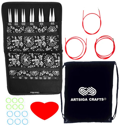 ChiaoGoo Twist Red Lace 5-Inch Large 7500-L Interchangeable Circular Knitting Needle Set, Sizes US 9, 10, 10.5, 11, 13, 15, Stainless Steel with 3 Cords with Project Bag