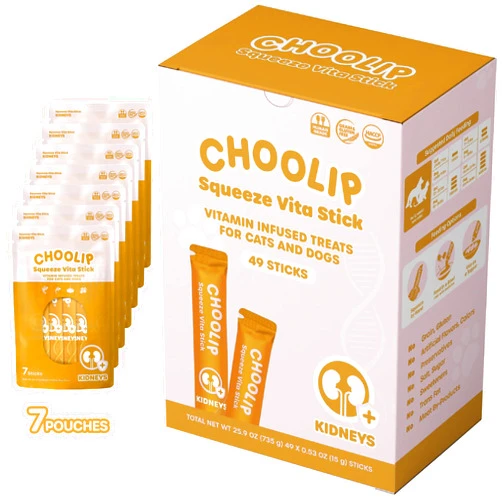 Choolip Squeeze Vita Stick Lickable Treats for Dogs & Cats. 49 Kidney Support Sticks with Essential multivitamins. Soft and Tasty Paste for All Life Stages, Supporting Kidney Health